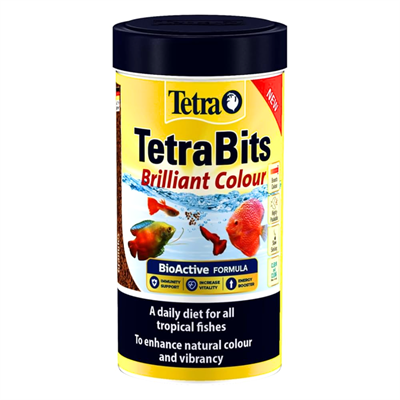 Tetra Bits Brilliant Colour food for all types of small ornamental fish. Formulated to enhance natural color and vitality (75g/250ml)